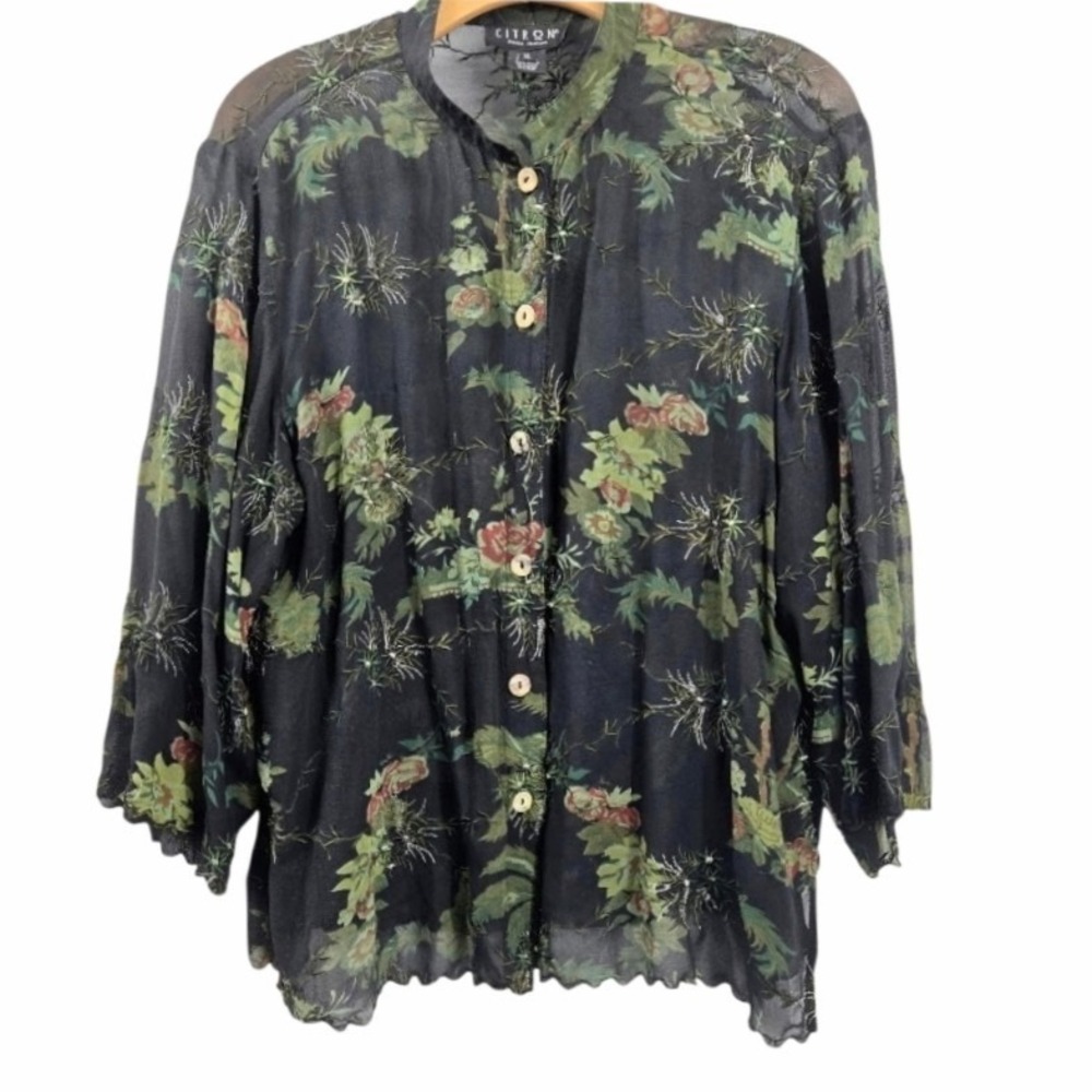Citron Santa Monica Shirt Size XL Black Silk Floral Asian Print Button Up
